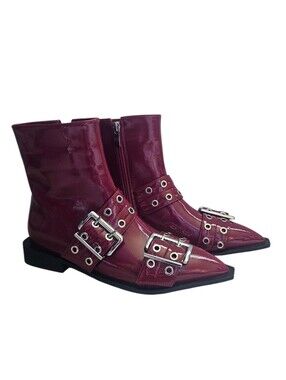 NWOT Red Pointed-Toe Buckle Ankle Boots